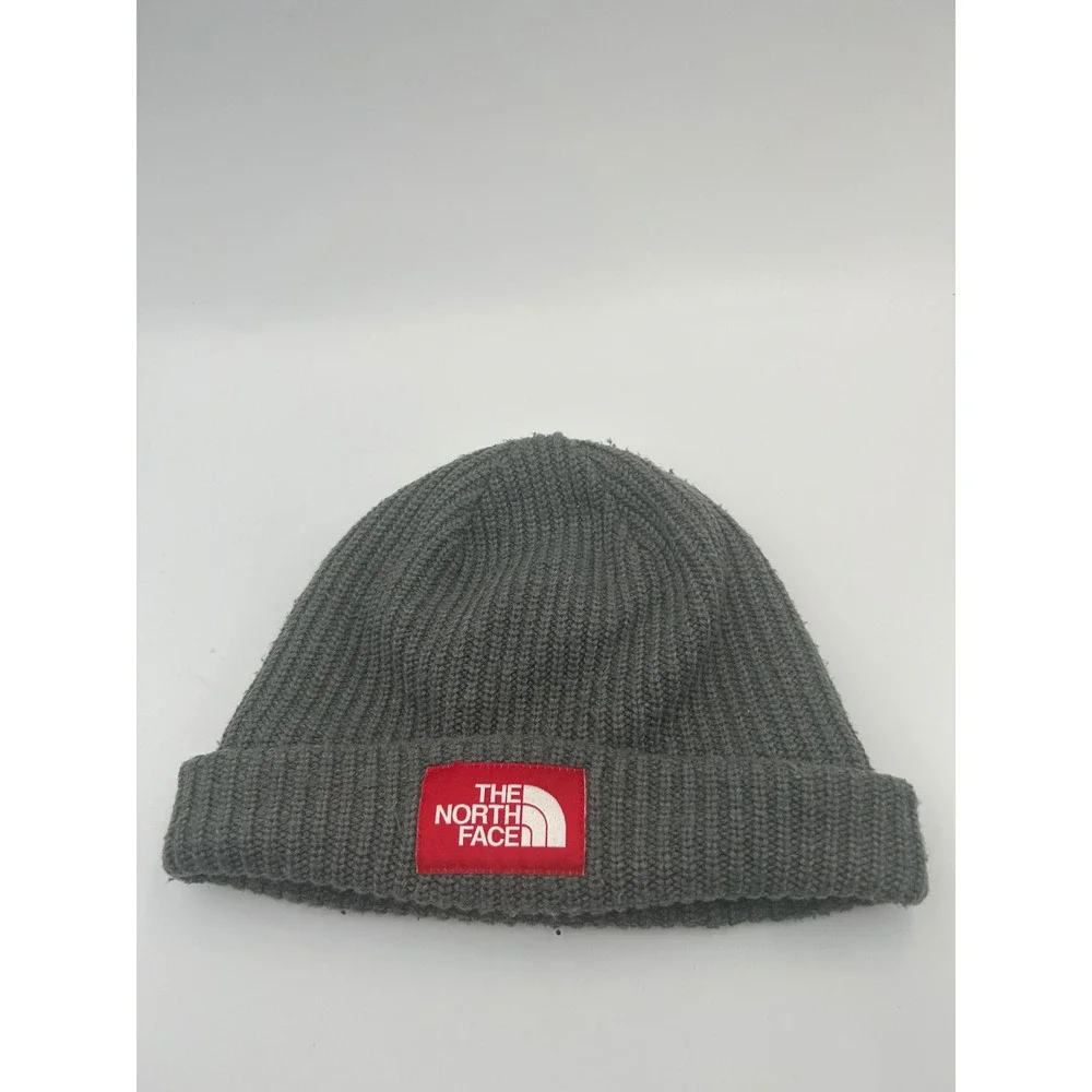 The North Face Salty Dog Beanie Grey Knit Red Box Logo Cuffed Winter Hat OS